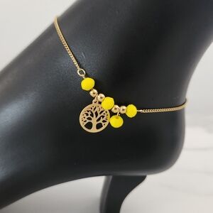Gold Tree of Life Anklet with Yellow Beads 18K Plated Beachy Adjustable Ankl